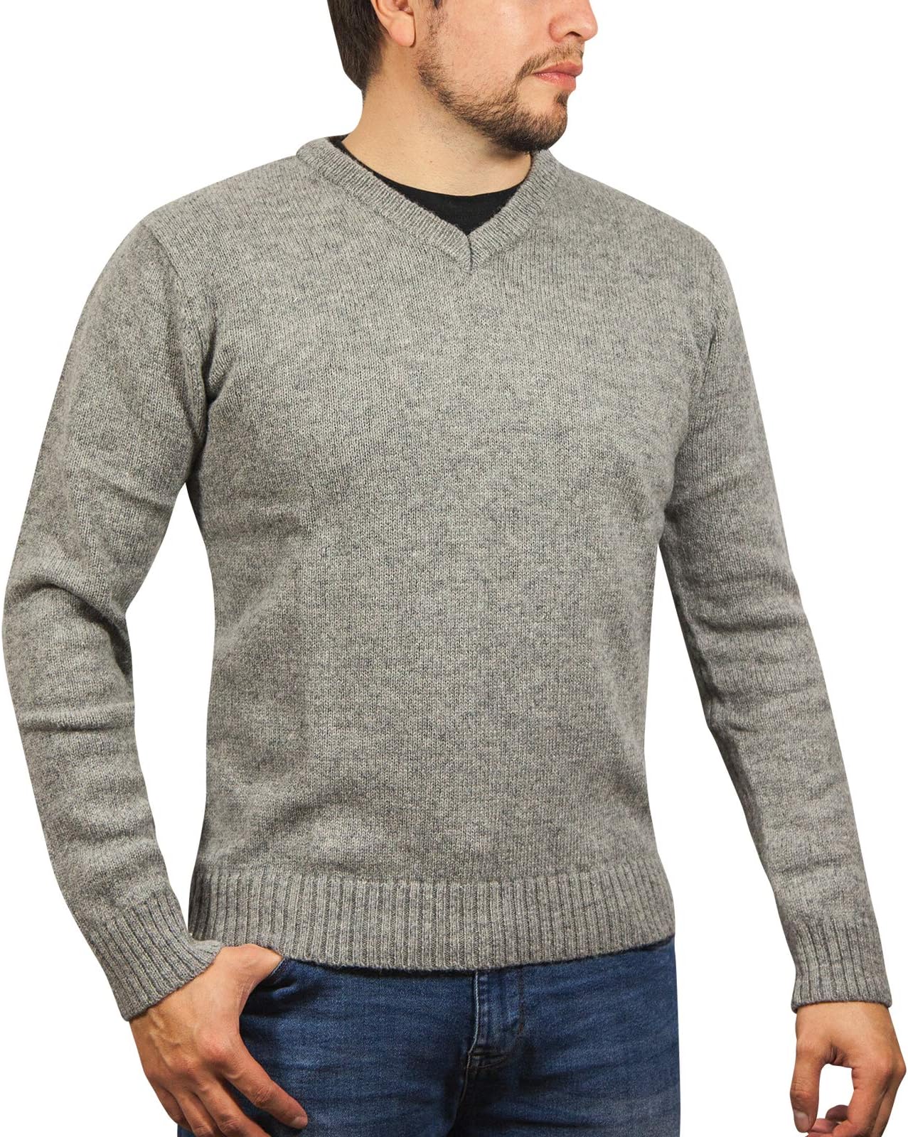 Boutique Retailer Men's Shetland Wool V-Neck Cardigan Sweater Knitted Jumper Pullover (X-Large, Silver Marle)