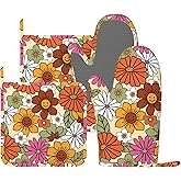Cute Hippie Flower Retro Floral Oven Mitts And Pot Holders Set Of 4 Silicone Heat Resistant Oven Mitten Potholders Non Slip Gloves Kitchen Decor For Bbq Cooking Grilling Baking