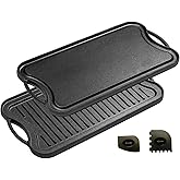 Cast Iron Griddle (20" by 10"), Reversible, Pre-Seasoned, Grill and Griddle Combo Pan, BBQ, Campfire, fits over two stovetop 