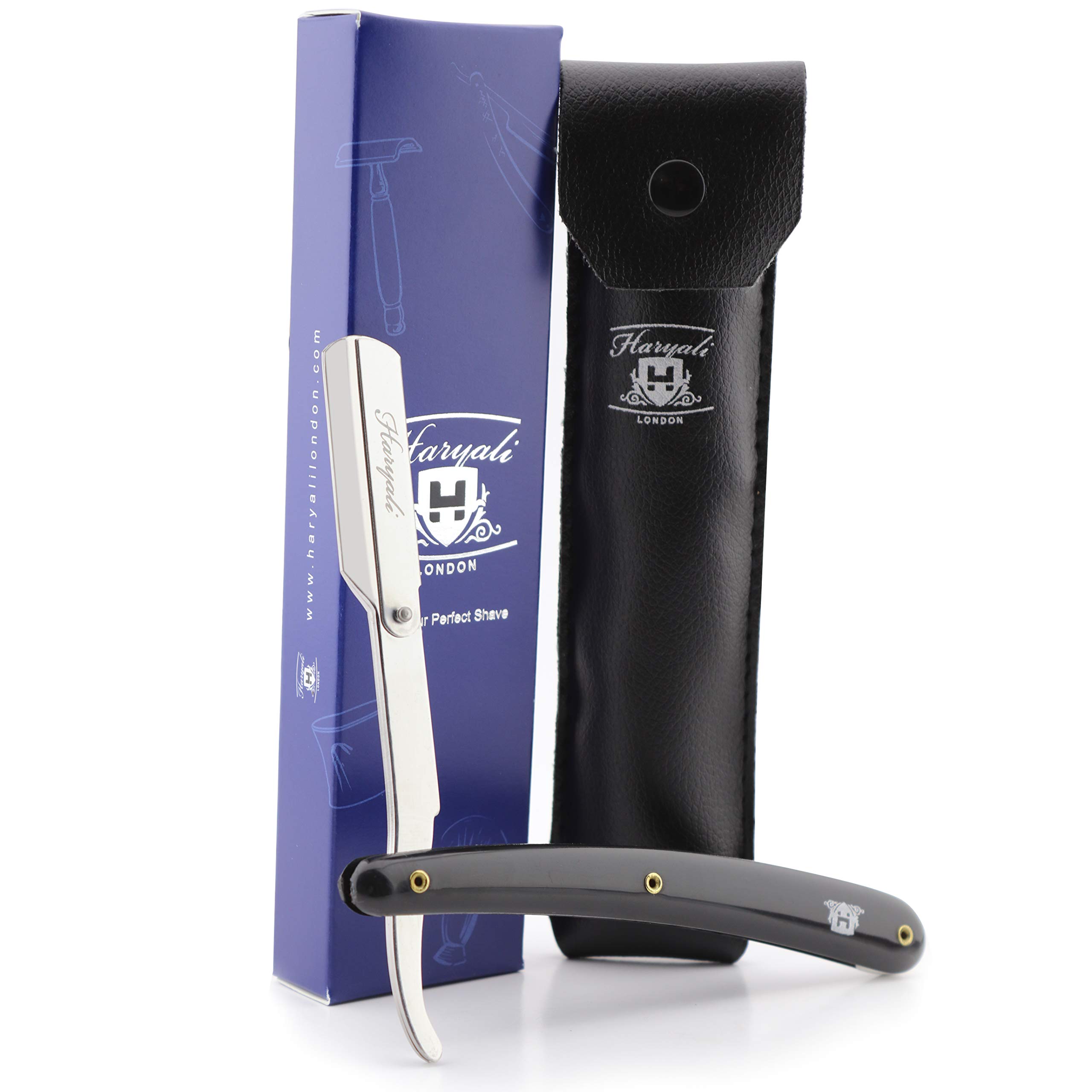 Haryali London Traditional Barber Style Professional Mens Shaving Razor/Straight Cut Throat Razor in Black Color Handle Comes in a Leather Pouch 2 Count (Pack of 1)