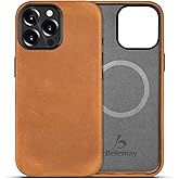 Belemay Compatible with iPhone 15 Pro Max Leather Case with Magsafe - Top Grain Vintage Crazy Horse Leather - Metal Buttons & Lens Protector - Slim Fit Premium Phone Cover (6.7-inch) - Tan Brown
