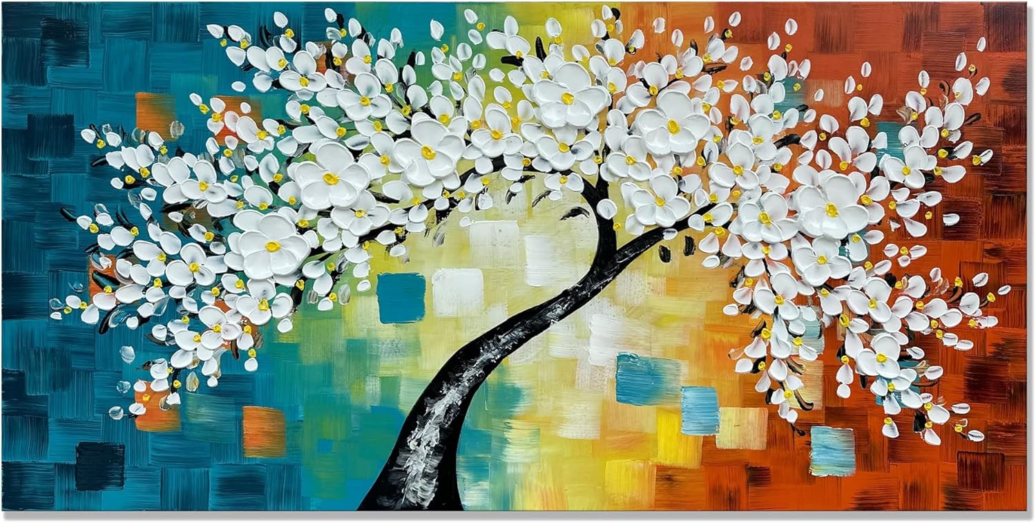 Paintings - zoinart Hand Painted 3D Oil Painting on Canvas Abstract White Flower Modern Canvas Wall Art Floral Contemporary Art Textured Tree Artwork for Home Decorations