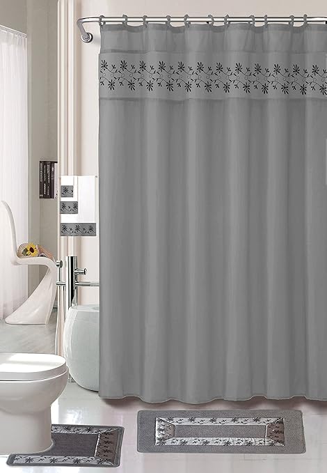 Get 5% in rewards with club o! luxury home collection 18 pc bath rug set embroidery non slip bathroom rug mats and rug contour and shower curtain and towels and rings hooks and