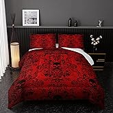 Nttopship Adults Red Gothic Comforter Set King Size,Vintage Damask Floral Bedding Set 3Pcs,Bohemia Bedding Set Goth Skull Printed Quilted Set for Teens Adult with 1 Comforter and 2 Pillowcase