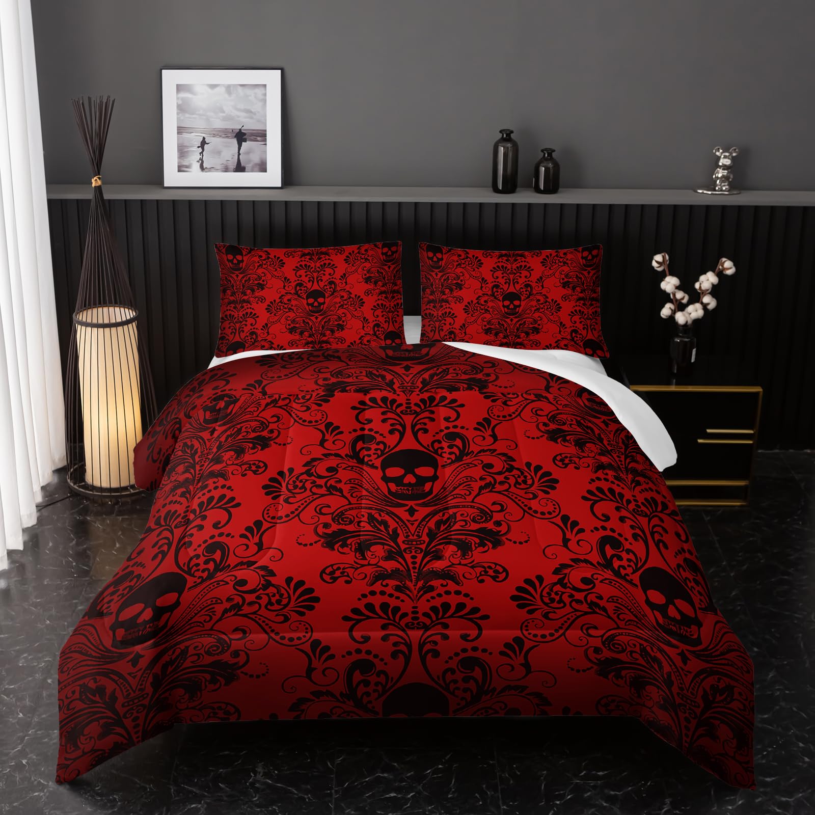 Photo 1 of Nttopship Adults Red Gothic Comforter Set King Size,Vintage Damask Floral Bedding Set 3Pcs,Bohemia Bedding Set Goth Skull Printed Quilted Set for Teens Adult with 1 Comforter and 2 Pillowcase