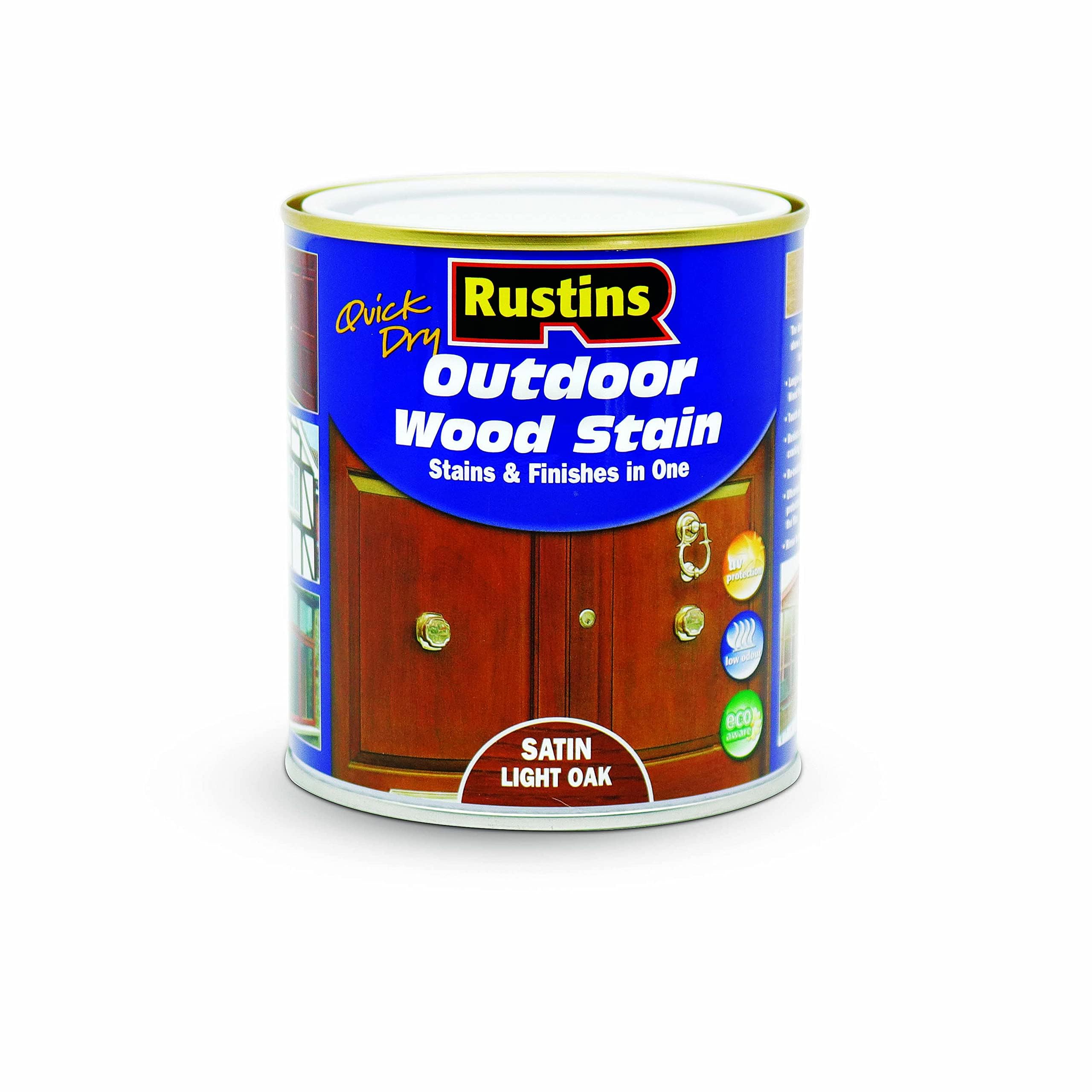 Rustins Quick Dry Outdoor Wood Stain Satin Light Oak 500ml- Durable and Weather-Resistant Finish, Fast Drying, Vibrant Color for Decks, Fences, & Furniture, Available in Many Wood Shades