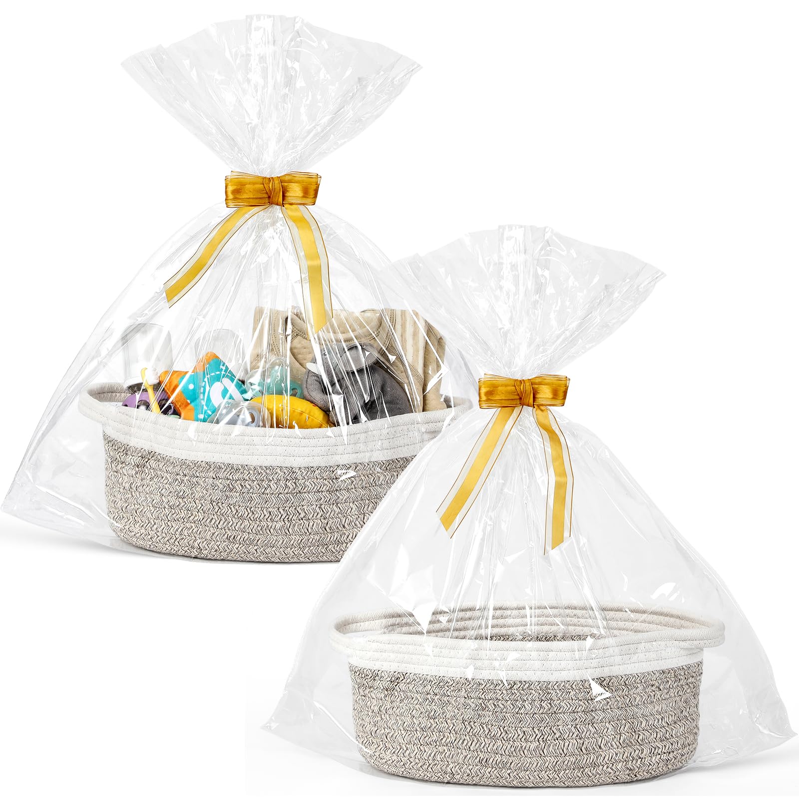 Photo 1 of 2 Pack Small Woven Basket with Gift Bags and Ribbons, Empty Decorative Gift Chest Box, Cute Baby Gift Basket for Nursery, Cotton Rope Room Shelf Storage Basket with Handles, All 12"x 8"x 5",Brown