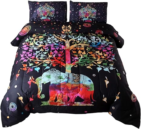 Amazon Com Meeting Story 3pc India Bohemian Comforter Bedspread Elephant With Colorful Tree Boho Mandala Microfiber Quilt Bedding Sets Black Multi Kitchen Dining