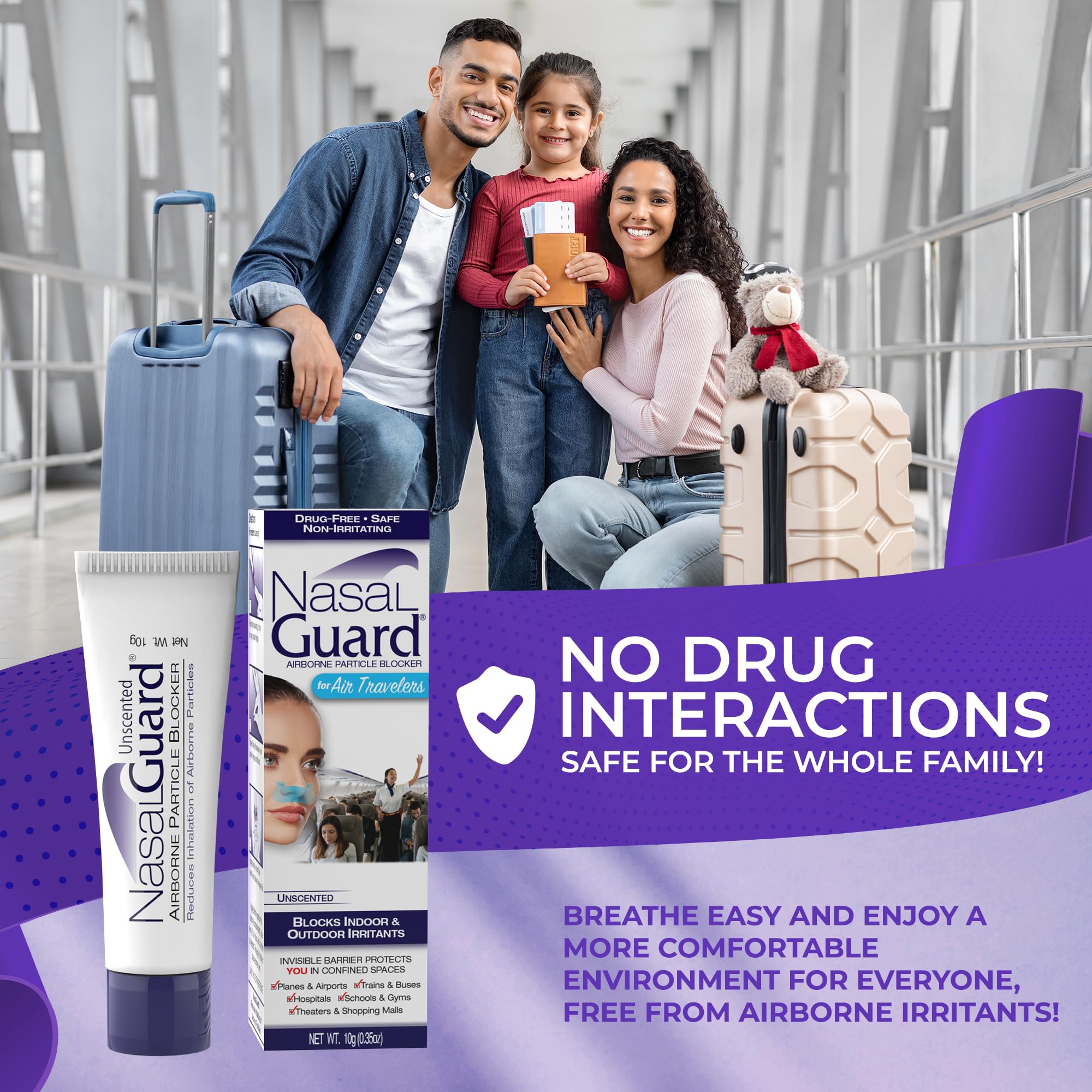 NasalGuard Airborne Particle Blocker Nasal Gel for Air Travelers - Drug-Free, Non-irritating, Non-drowsy, Ideal for Airplane Travel (Unscented) - Over 150 Applications Per Tube (0.1 oz, Pack of 1)