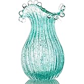 QFkris Hand Blown Glass Luminous Vase for Flowers 8" Teal Crystal Bubble Vases for Bouquet Home Decor Decorative Centerpieces Unique Gift for Valentines Day Birthday Housewarming Mothers Day
