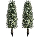 36" Artificial Boxwood Topiary Trees with Ground Spike Set of 2, Outdoor 3ft Faux Boxwood Topiaries Cone Bushes Trees Fake Shrubs Plants Front Porch Decor Outside Garden