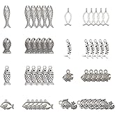 SUNNYCLUE 1 Box 80Pcs 8 Styles Fish Charms Bulk Tibetan Style Fishbone Goldfish Hollow Sea Ocean Animal Alloy Pendants Antique Silver Plated for Jewelry Making Charms DIY Bracelets Supplies