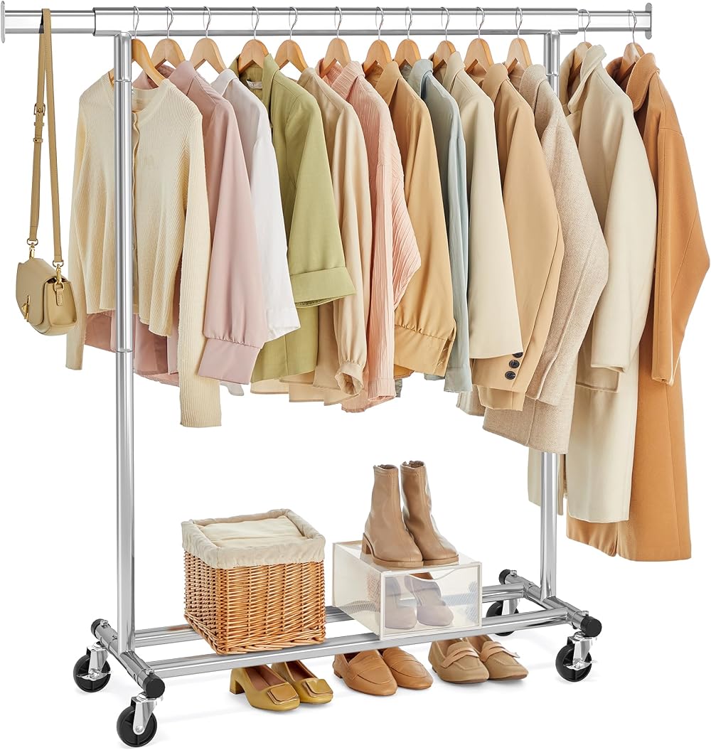 SONGMICS Heavy Duty Clothes Rail on Wheels 100 kg Extendable Rail 92-132 cm