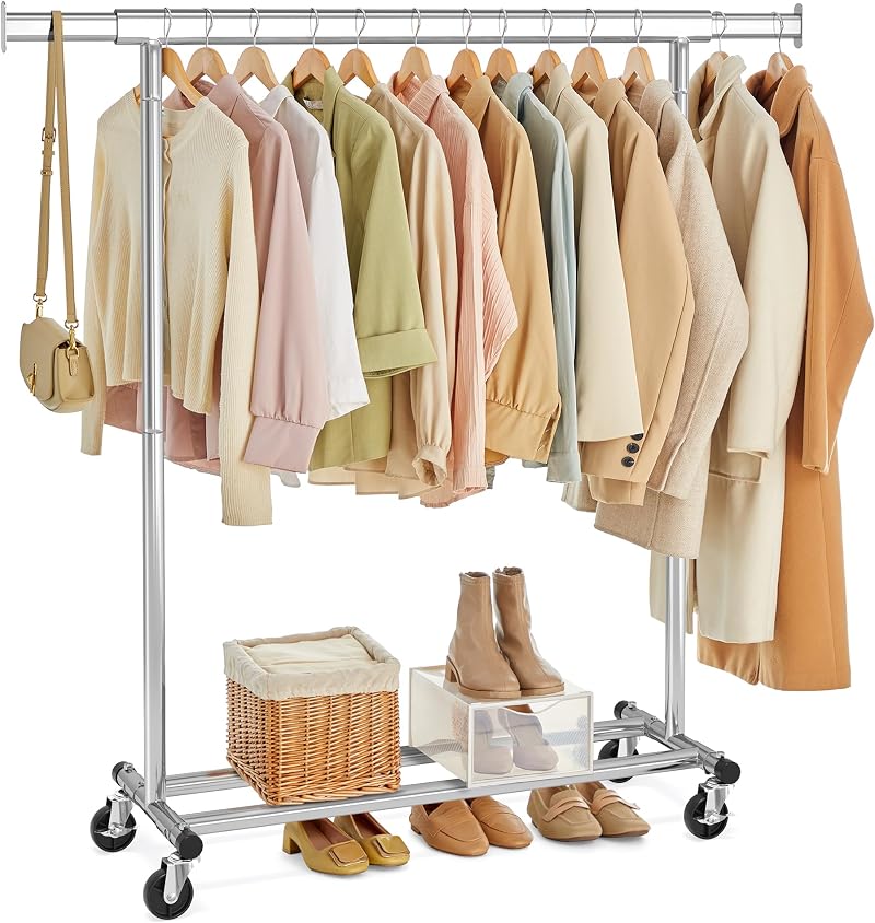 SONGMICS Heavy Duty Clothes Rail on Wheels 100 kg Extendable Rail 92-132 cm