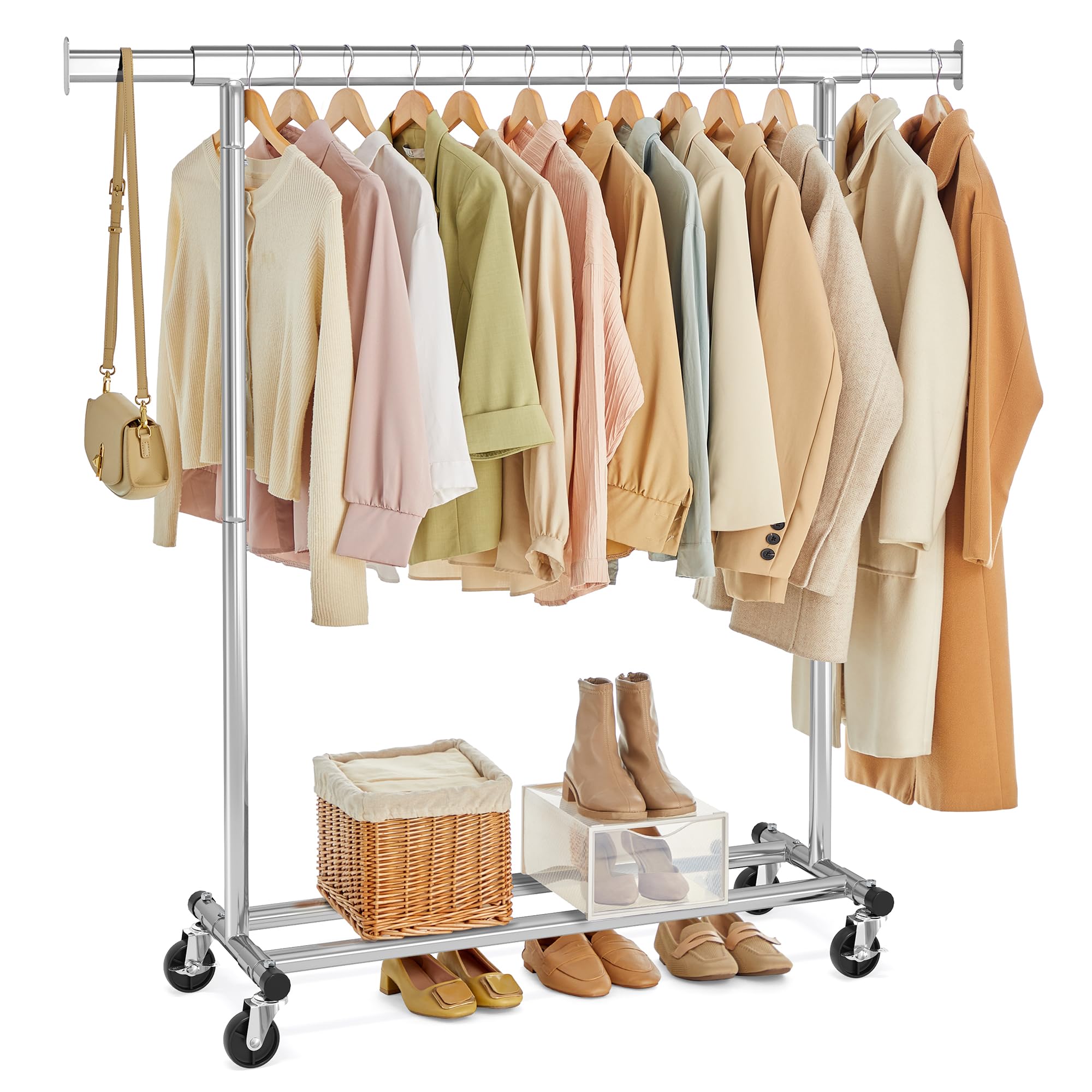 SONGMICS Clothes Rail, Heavy Duty Clothes Rack on Wheels, 45 x (92-132) x 161.5 cm, with Extendable Hanging Rail, 100 kg Load Capacity, Easy Assembly, Portable, Silver HSR13S