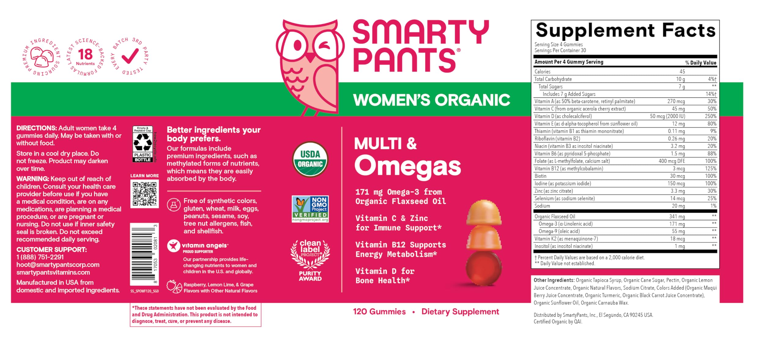 SmartyPants Organic Women's Multivitamin Gummies: Biotin, Methylfolate, Omega 3 (ALA), Vitamin D3, C, Vitamin B12, B6, A, K & Zinc, Inositol, Gluten Free, Vegetarian, 120 Count (30 Day Supply)