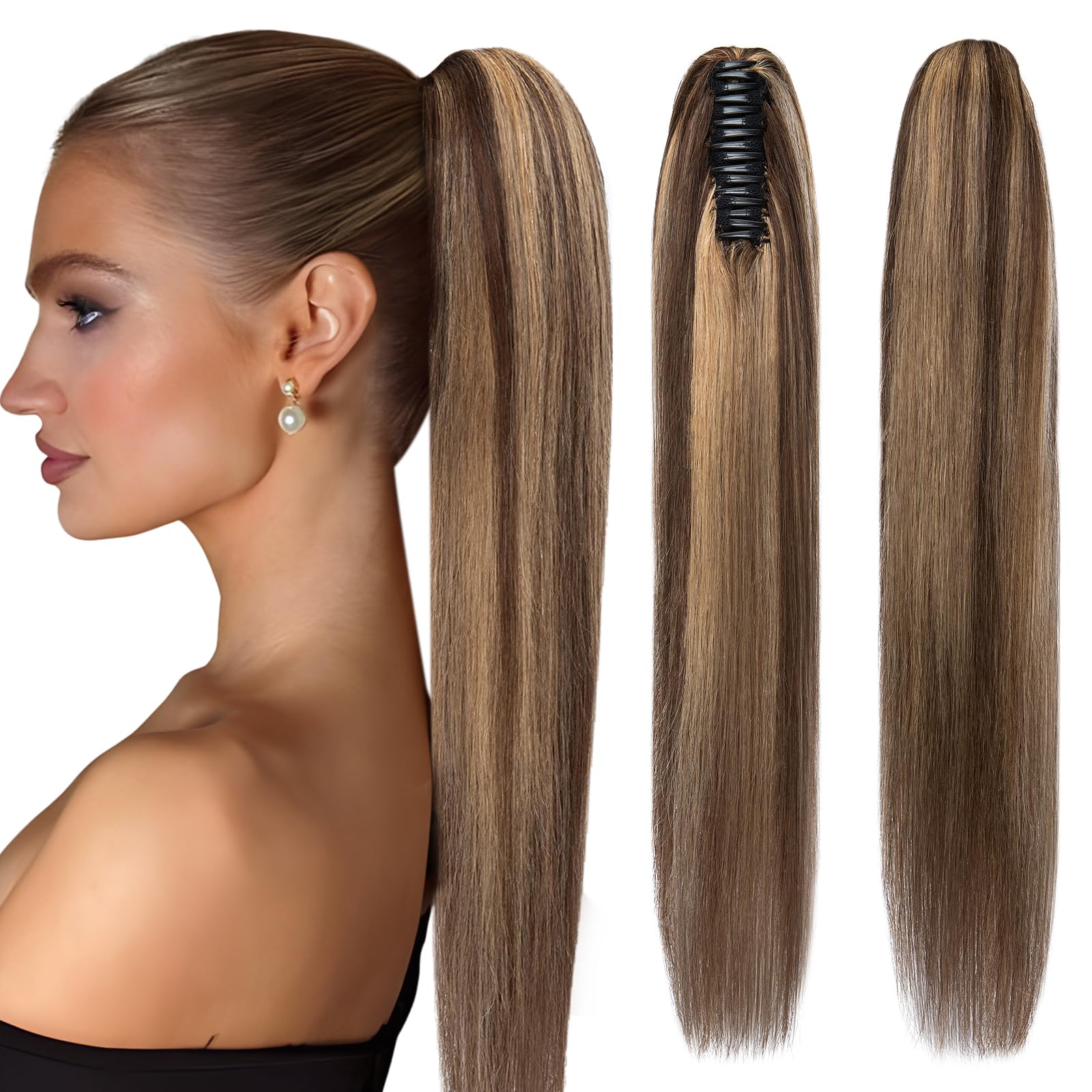 Elailite Claw on Ponytail Extension Real Human Hair Clip Natural HairPiece Straight (#4/27 Medium Brown Mix Dark Blonde, 14 Inch)