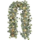 N&amp;T NIETING 1 Pack Artificial Eucalyptus Garland with Lights, 6FT Artificial Greenery Summer Garlands, Battery Operated Twig Vine for Room Stairs Mantle Wedding Holiday Decoration Indoor Outdoor