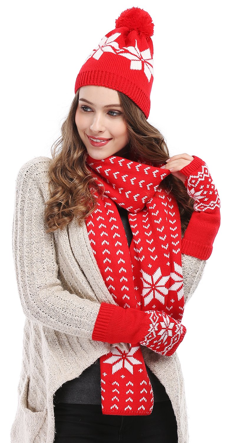Bienvenu Women Lady Winter Warm Knitted Snowflake Hat Gloves and Scarf Winter Set Bienvenu Women Lady Winter Warm Knitted Snowflake Hat Gloves and Scarf Winter Set