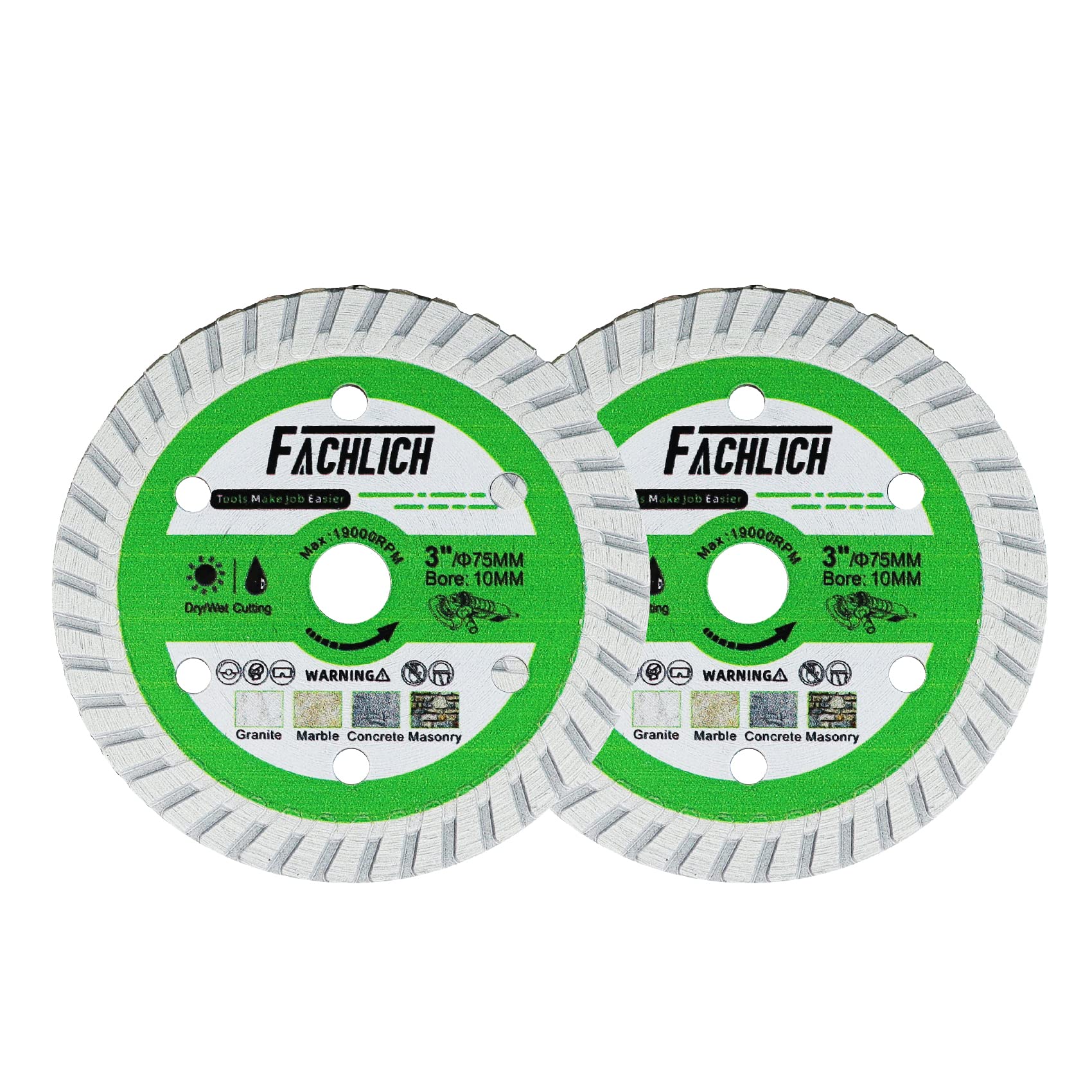 FACHLICH Diamond Cutting Disc 75mm 2PK 3" for Cutting Concrete and Granite 3/8"(10mm) Arbor