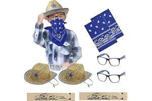 MIYUNI Kids Straw Cowboy Hats and Bandannas Set, Cowgirl Party Hats with Glasses, Boys Girls Rodeo Western Birthday Party