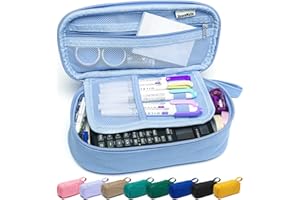 SPACEMATE Heavy Duty Canvas Pencil Case Pouch Bag - Holds 50-100 Pencils - Large Big Capacity Aesthetic Pen Case School Supplies for Back to School College Students (Light Blue)