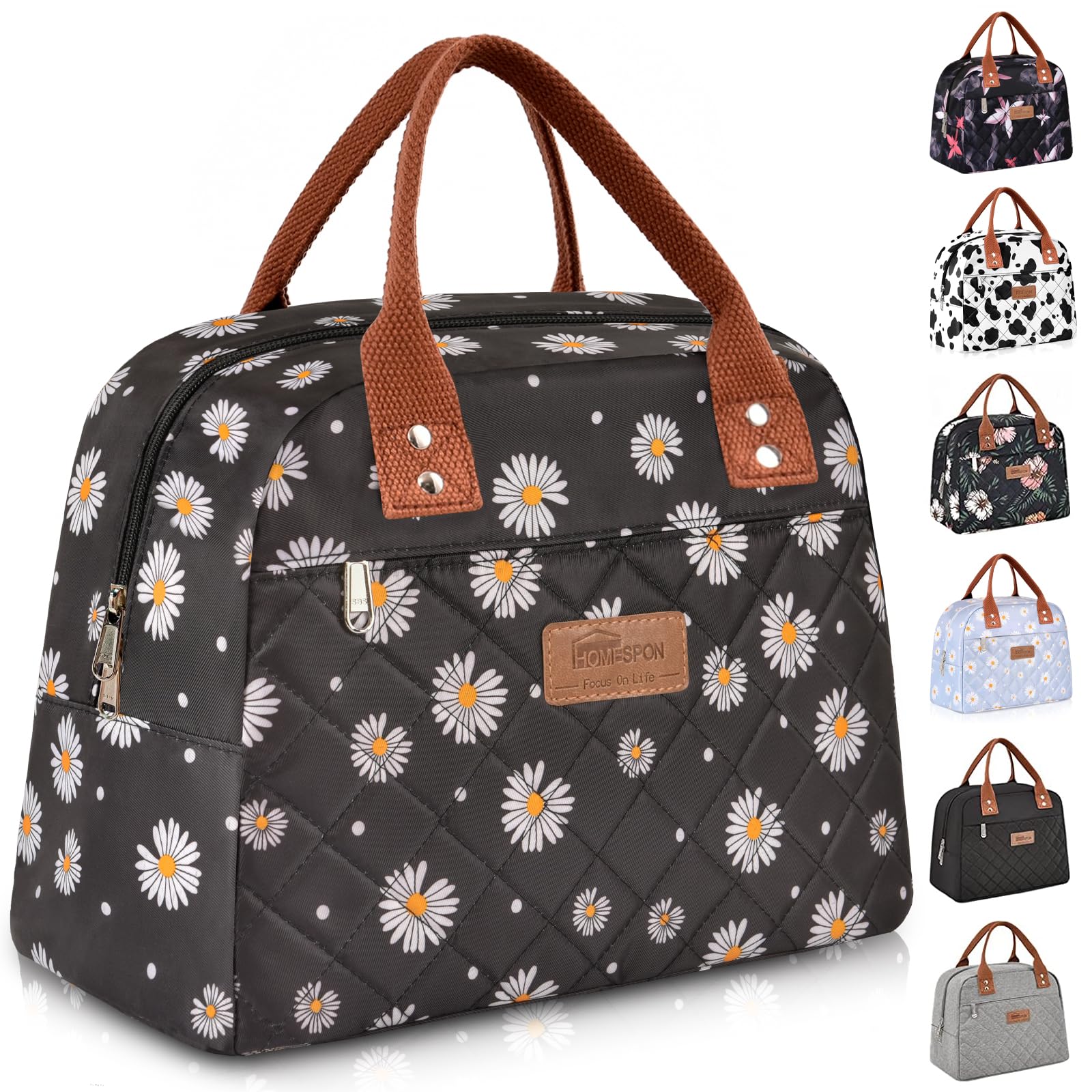 HOMESPON Insulated Lunch Bag for Women Adult Work Ladies Men Cool Bag Lunch Box Container Tote Bags for School Picnic or Travel(Black Daisy) — image 1