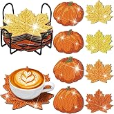 Sratte 8 Pcs Fall Diamond Art Coasters with Holder Pumpkin Maple Leaf | Cork Base, Autumn Thanksgiving Decor, Pumpkin Maple Theme, DIY Painting Kit for Beginners, Tabletop Drink Holder