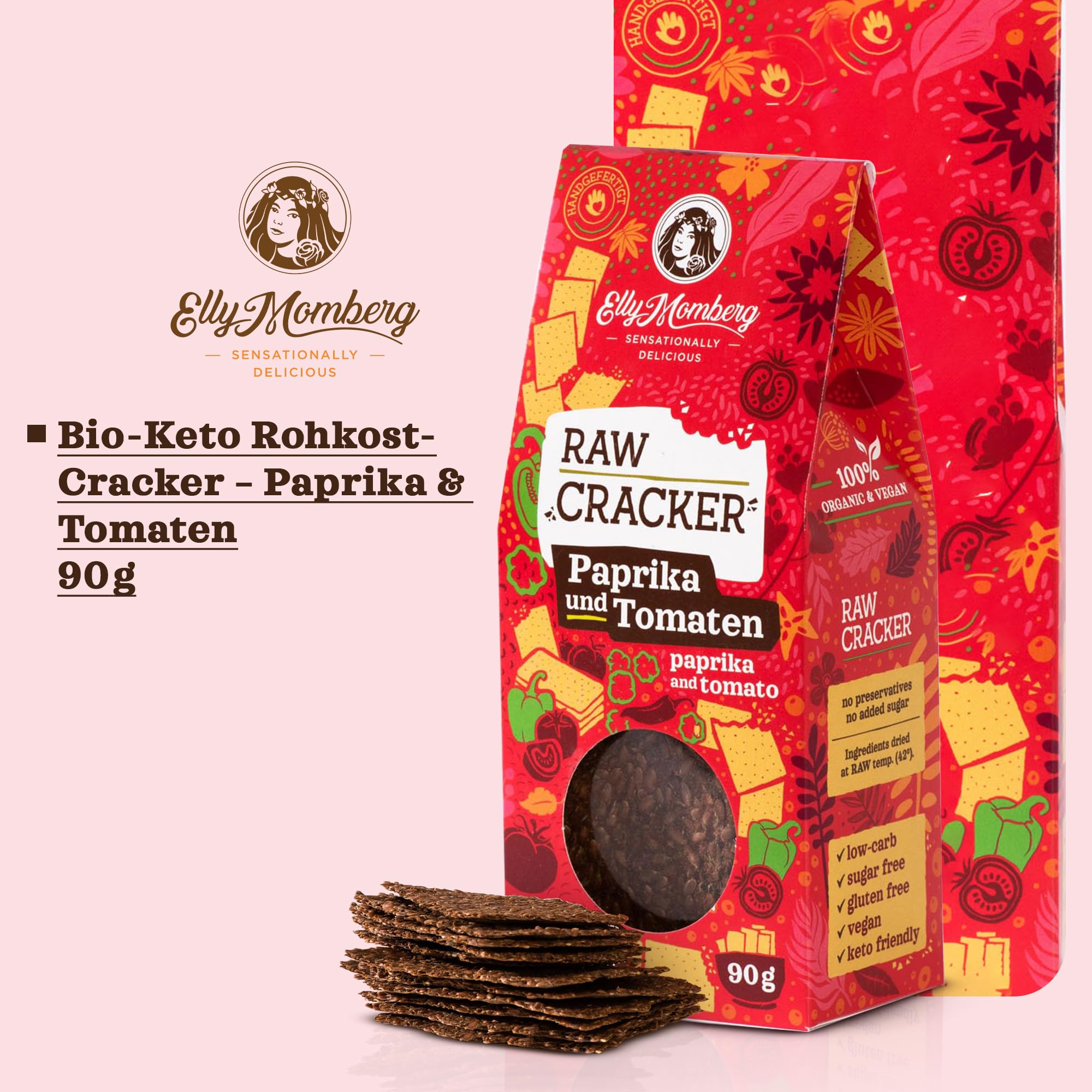 Elly Momberg Bio Leinsamen Cracker Tomate Paprika 90g (Paprika & Tomaten) – Keto, Low Carb, Glutenfrei, Vegan, Ohne Zuckerzusatz – Rohkost Crackers, Ballaststoffreich, Knuspriger Gesunder Snack 2