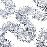 TONIFUL 50FT Silver Christmas Tinsel Garland, Christmas Metallic Tinsel Twist Garland Glitter Christmas Tree Hanging Wreath Decorations for Indoor Outdoor Holiday Party