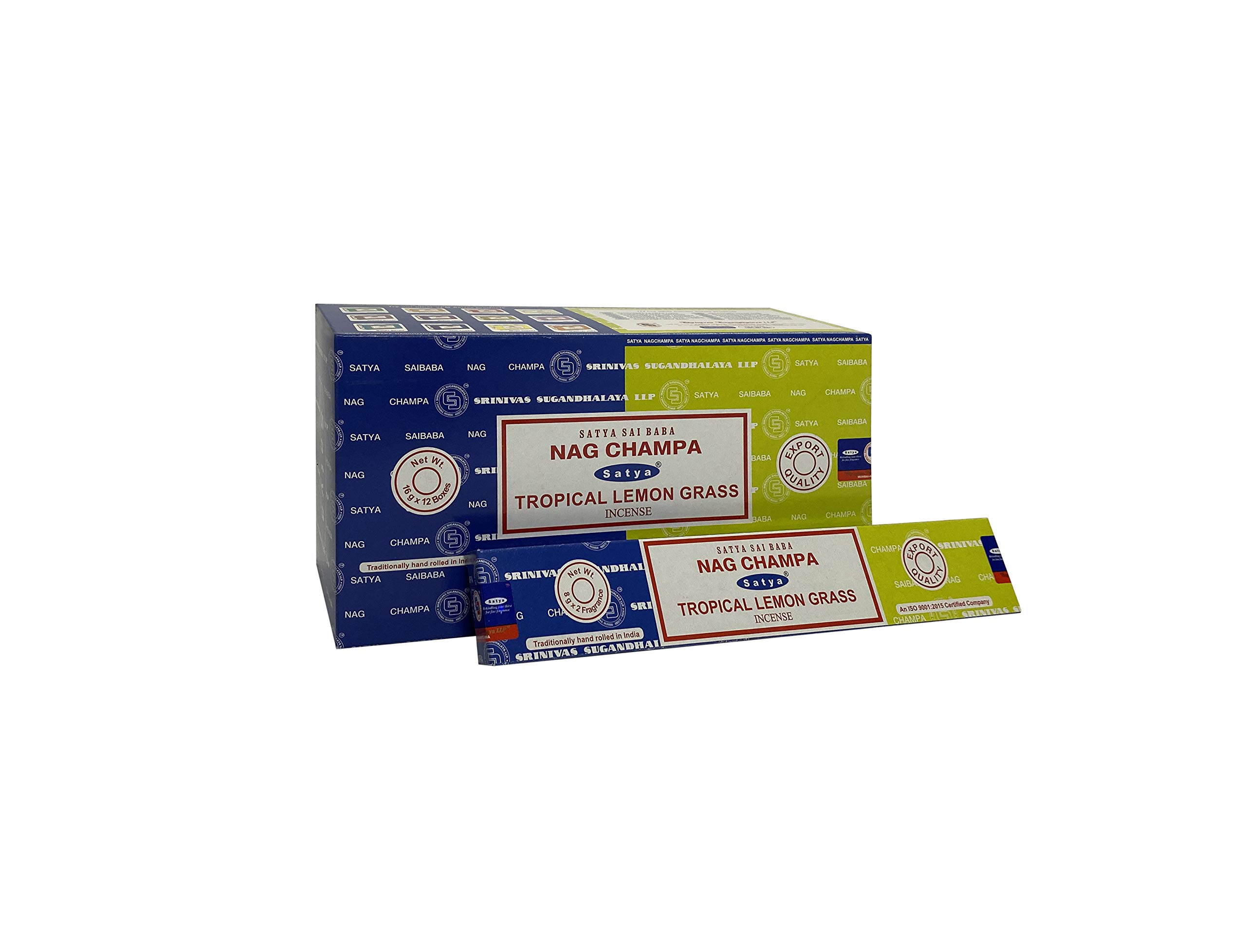 Satya 01339 Nag Champa & Tropical Lemon Grass Combo Set Of Incense Sticks, 12 Packs x 16g