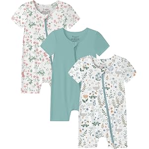 Jimonda Unisex Bamboo Baby Short Romper 3-Pack | Bamboo Rayon,2-Way Zipper Footless Pajamas,Short Sleeve,Baby Summer Pajamas,