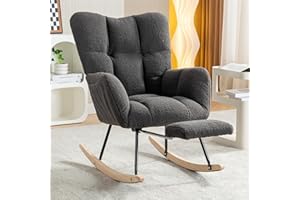 FOXHUNTER Nursery Teddy Upholstered Glider Rocker with Adjustable Footrest, High Backrest Padded Recliner Reading Chair (Dark Gray)