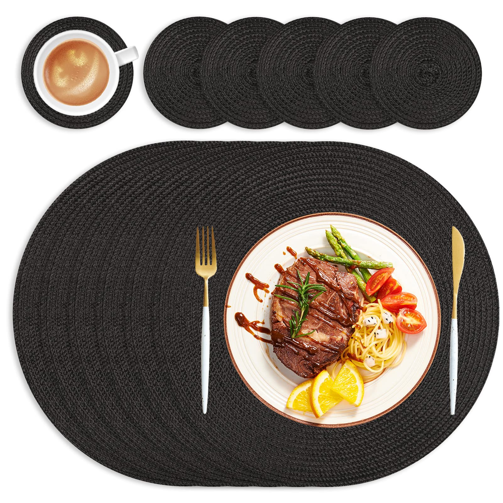 wiipara Round Woven Placemats Set of 6 Heat Resistant Round Braided Table Mats, 34 cm Washable Placemats and Coaster Sets for Dining/Kitchen Table, Party, Wedding, Black