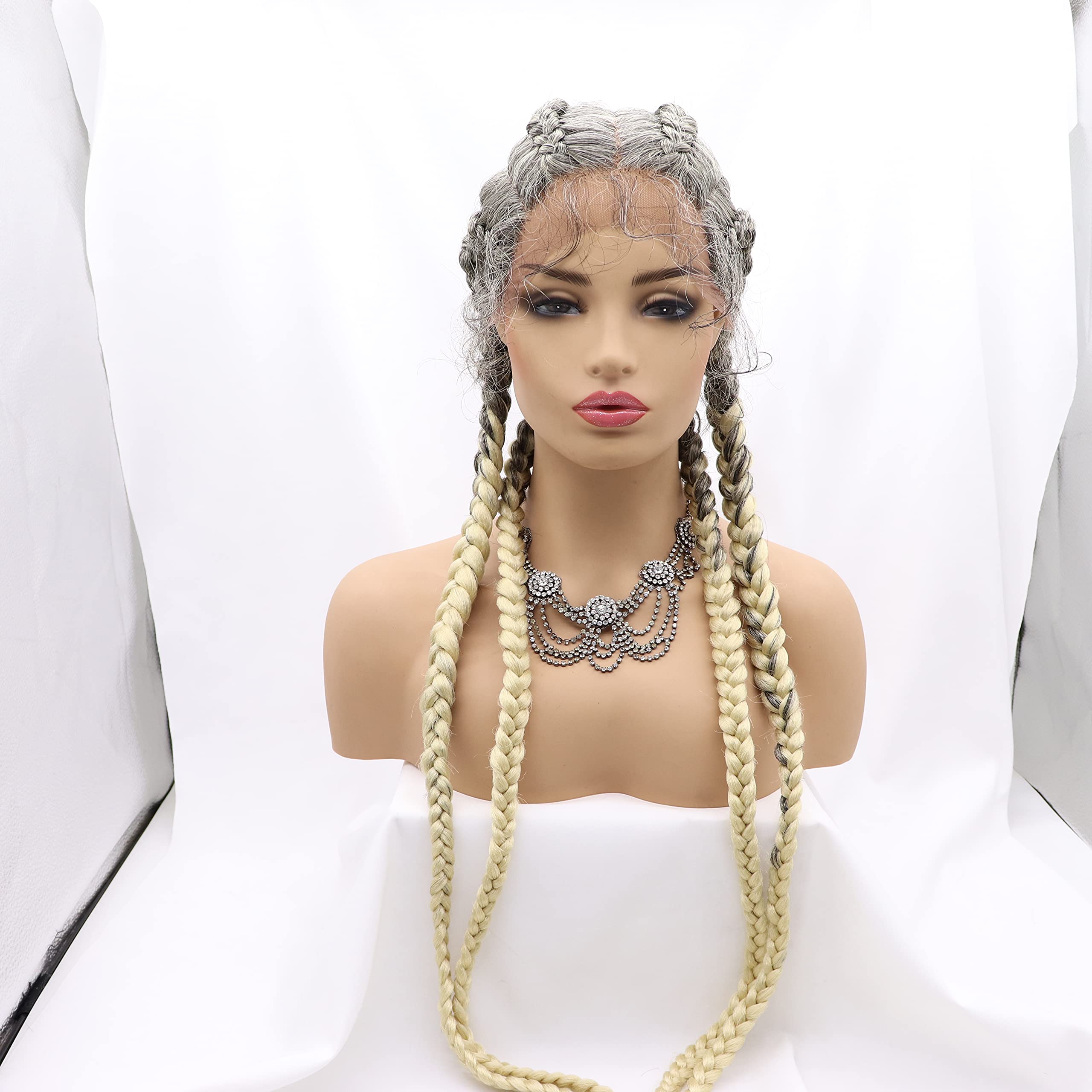 Xiweiya 36 Inches Long 4 Braids Wig Mixed Gray Ombre Gold Blonde Color Hair Synthetic Lace Front Braided Wig with Baby Hair for Women Cosplay Party โ image 1