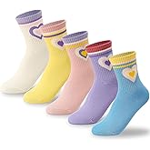 Guiqulai 5 Pairs Kids Crew Socks Soft Breathable Girls Heart Socks for Kids 9-12 Years Cotton Crew Sports Sock for Girls Scho