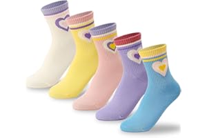 Guiqulai 5 Pairs Kids Crew Socks Soft Breathable Girls Heart Socks for Kids 9-12 Years Cotton Crew Sports Sock for Girls Scho