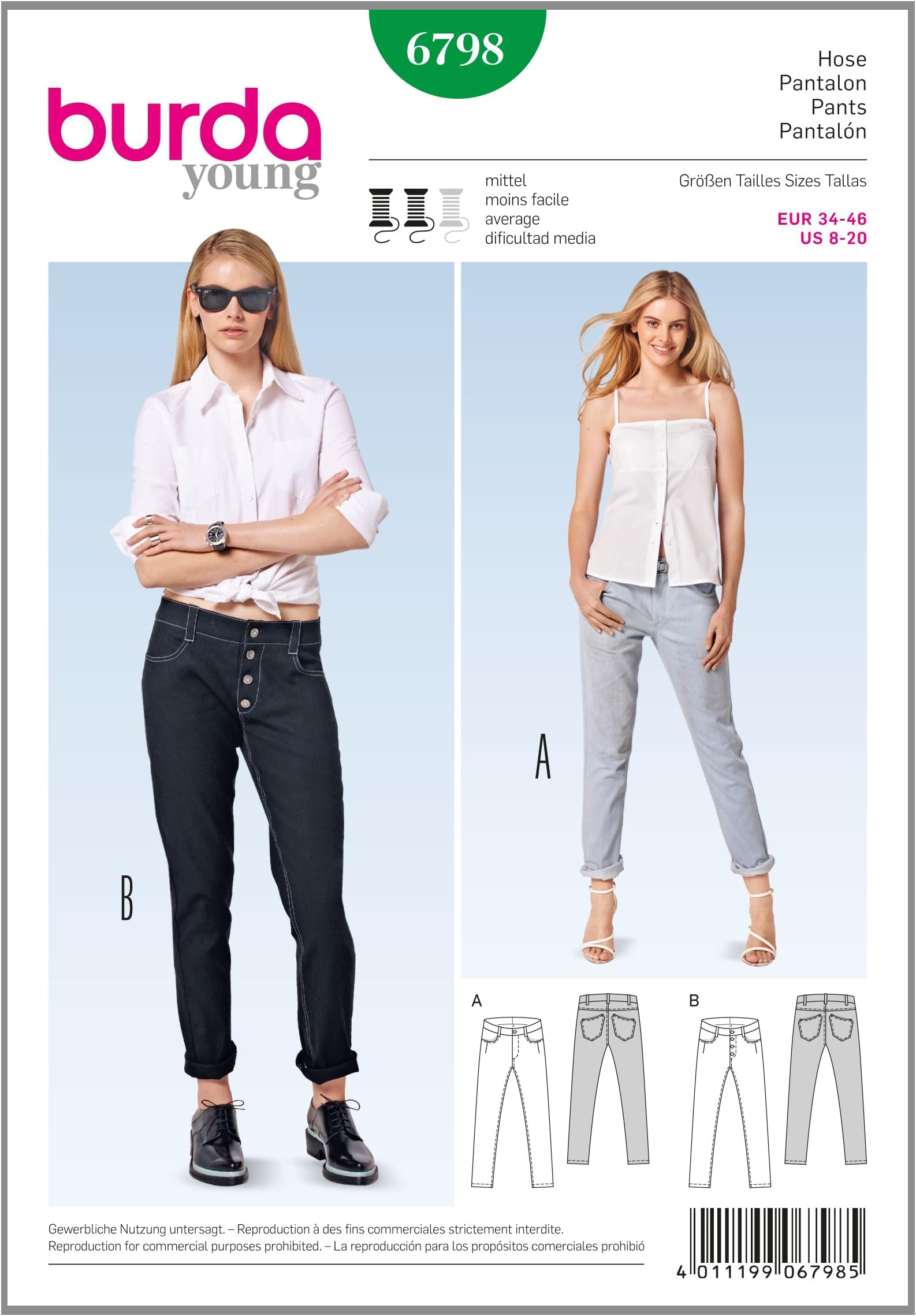 BurdaYoung sewing pattern, 6798 pants, pair of jeans