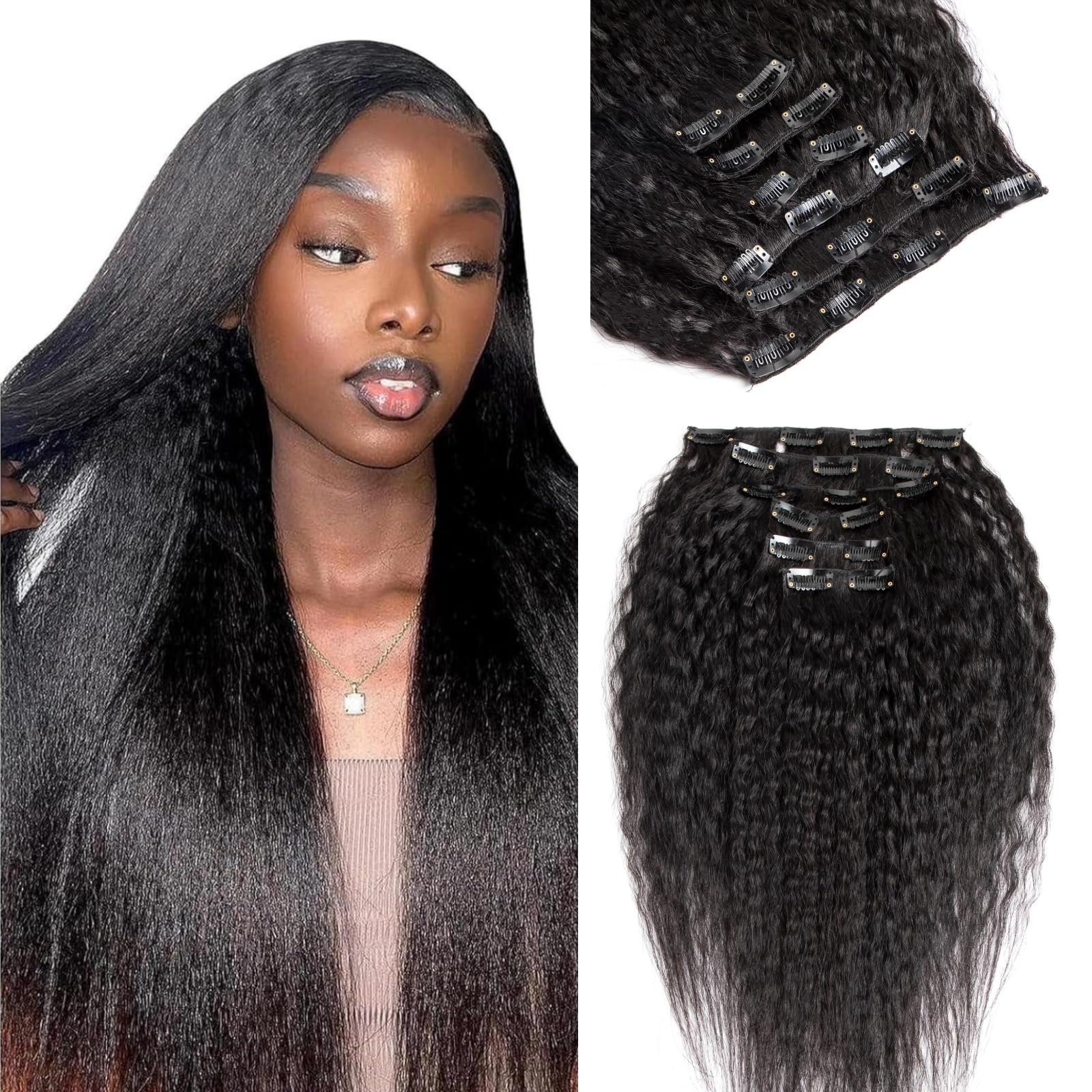 22 Inch Kinky Straight Clip in Hair Extensions Real Human Hair for Black Women Full Head 8A Brazilian Real Hair Yaki Human Hair Clip ins Natural Color 6 pcs 16 clips — image 1