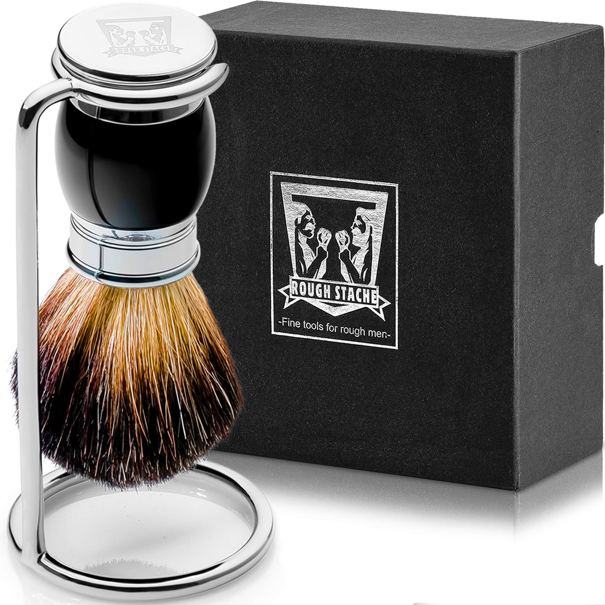 Shaving Brush Set - Professional Shaving Brush with 100% Pure Badger Bristles -Black Resin Handle - Solid Chrome Shaving Brush Stand for Wet Shave