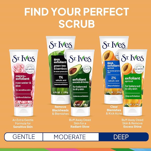 ST. IVES ACNE CONTROL FACE SCRUB DEEPLY EXFOLIATES AND PREVENTS ACNE FOR SMOOTH, GLOWING SKIN APRICOT MADE WITH OIL-FREE SALICYLIC ACID ACNE MEDICATION, MADE WITH 100% NATURAL EXFOLIANTS 6 OZ