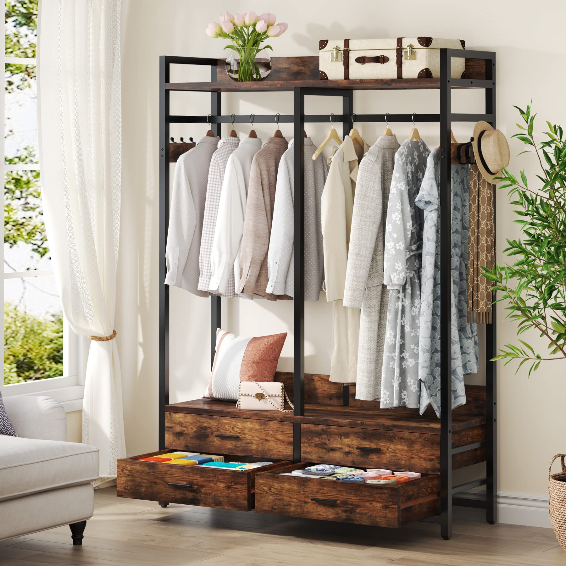 Photo 1 of Tribesigns Freestanding Closet Organizer for Hanging Clothes, Heavy Duty Garment Rack with 4 Drawers, 8 Hooks and Storage Shelves, Wardrobe Closet Clothing Rack for Bedroom, Living Room, Rustic Brown