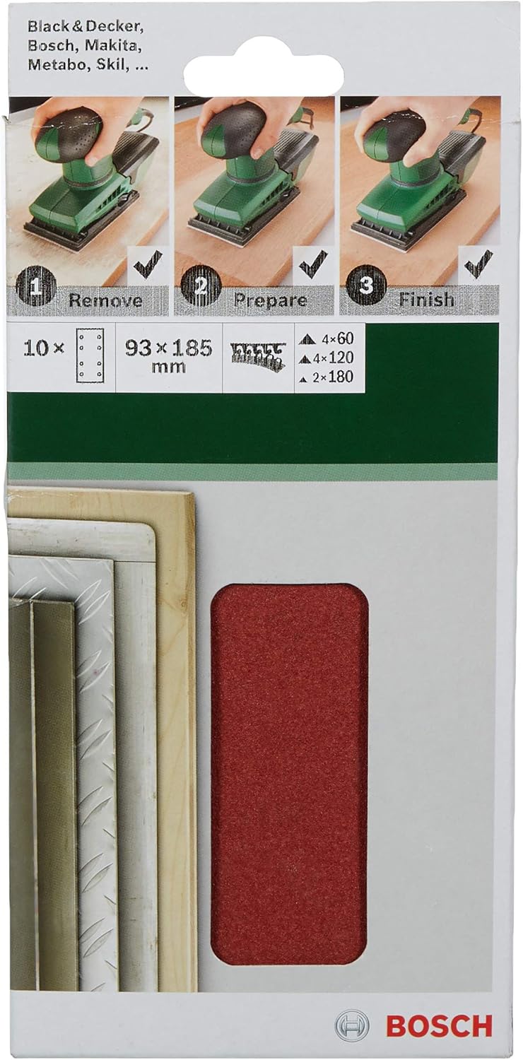 Bosch 2609256A86 Sanding Sheet Set for Orbital Sanders (10-Piece), Mehrfarbig, 93 x 185 mm