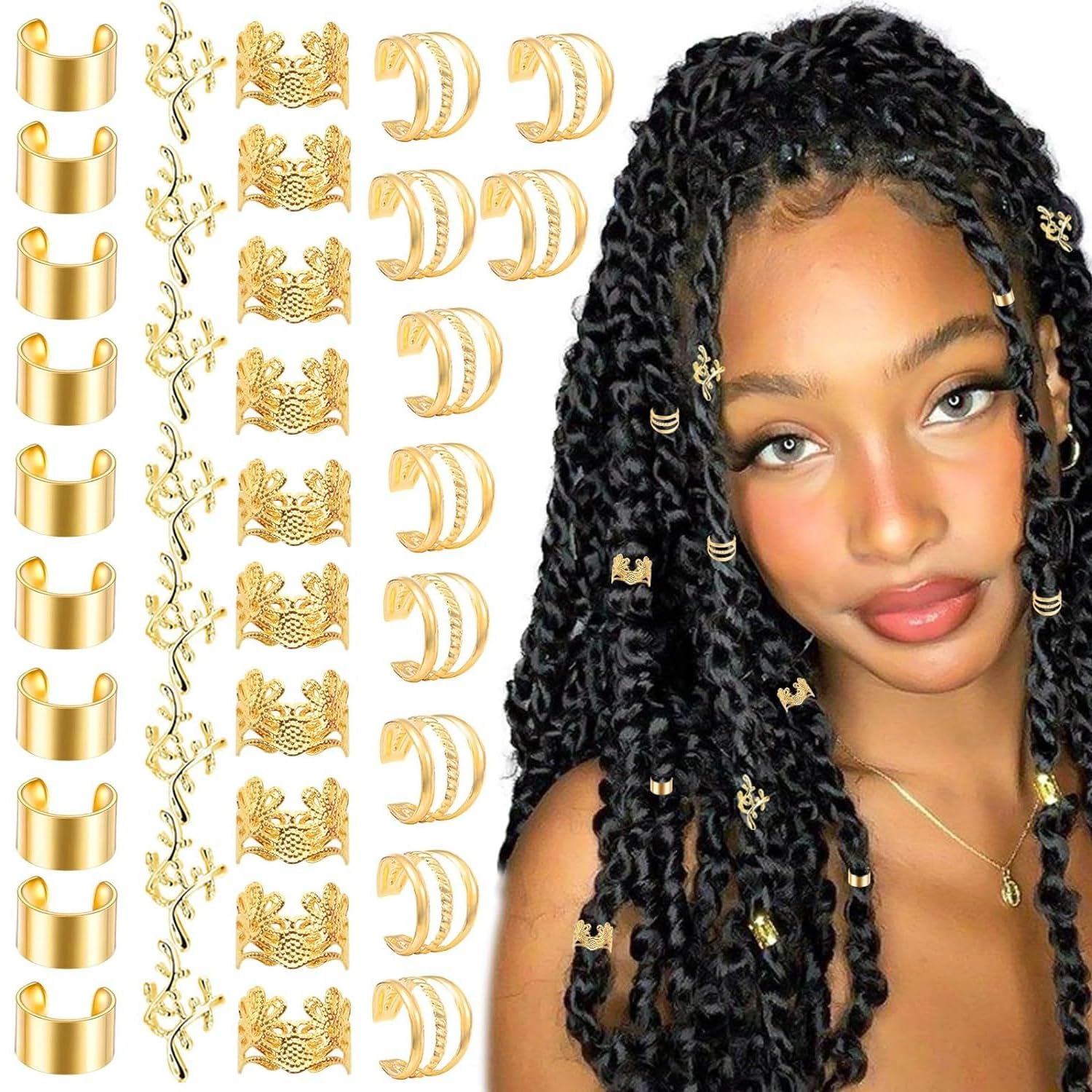 40pcs Gold Hair Jewelry for Braids Accessories - Dreadlocks Adjustable Metal Rings Cuff Braid Decorations for Men Women Girls