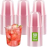 Soelomu 12 oz Pink Plastic Cups, 50 Pcs Disposable Stemless Wine Glasses Crystal Cocktail Cups Cold Drinking Party Glasses for Valentine's Day Wedding Gathering Birthday Meeting
