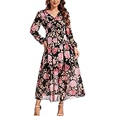 Kormei Womens V Neck Long Sleeve Boho Floral Maxi Dress Wedding Guest Party Flowy Casual Long Dresses with Pockets