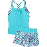 Girls Tankini Swimsuit Two Piece Cross Straps Back Bathing Suits with Pockets Shorts Kids Swimwear Sets 5-16 Years