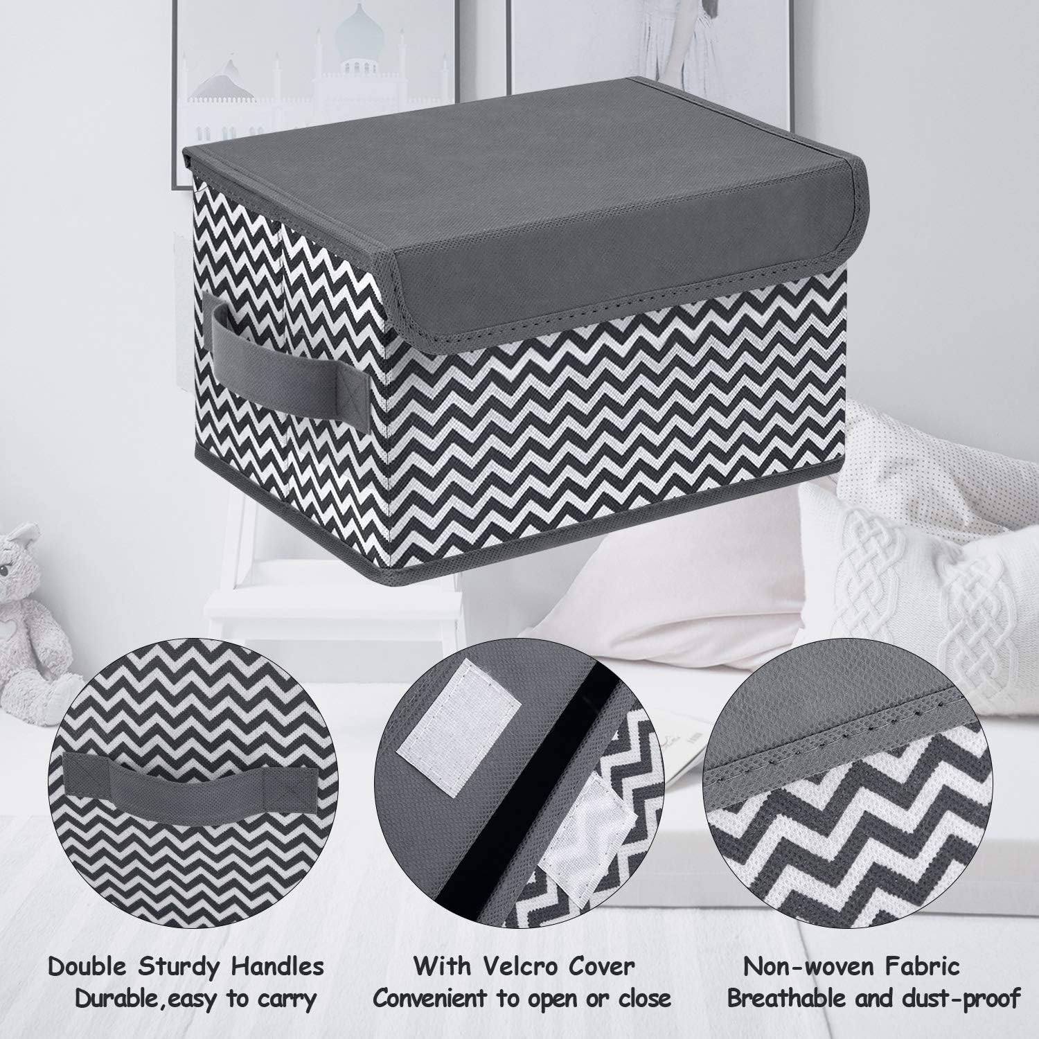 DIMJ 3 Pack Foldable Storage Boxes with Lids Collapsible Bin with Handle Fabric Basket Wardrobe Organiser Box for Clothes Toys - Image 4