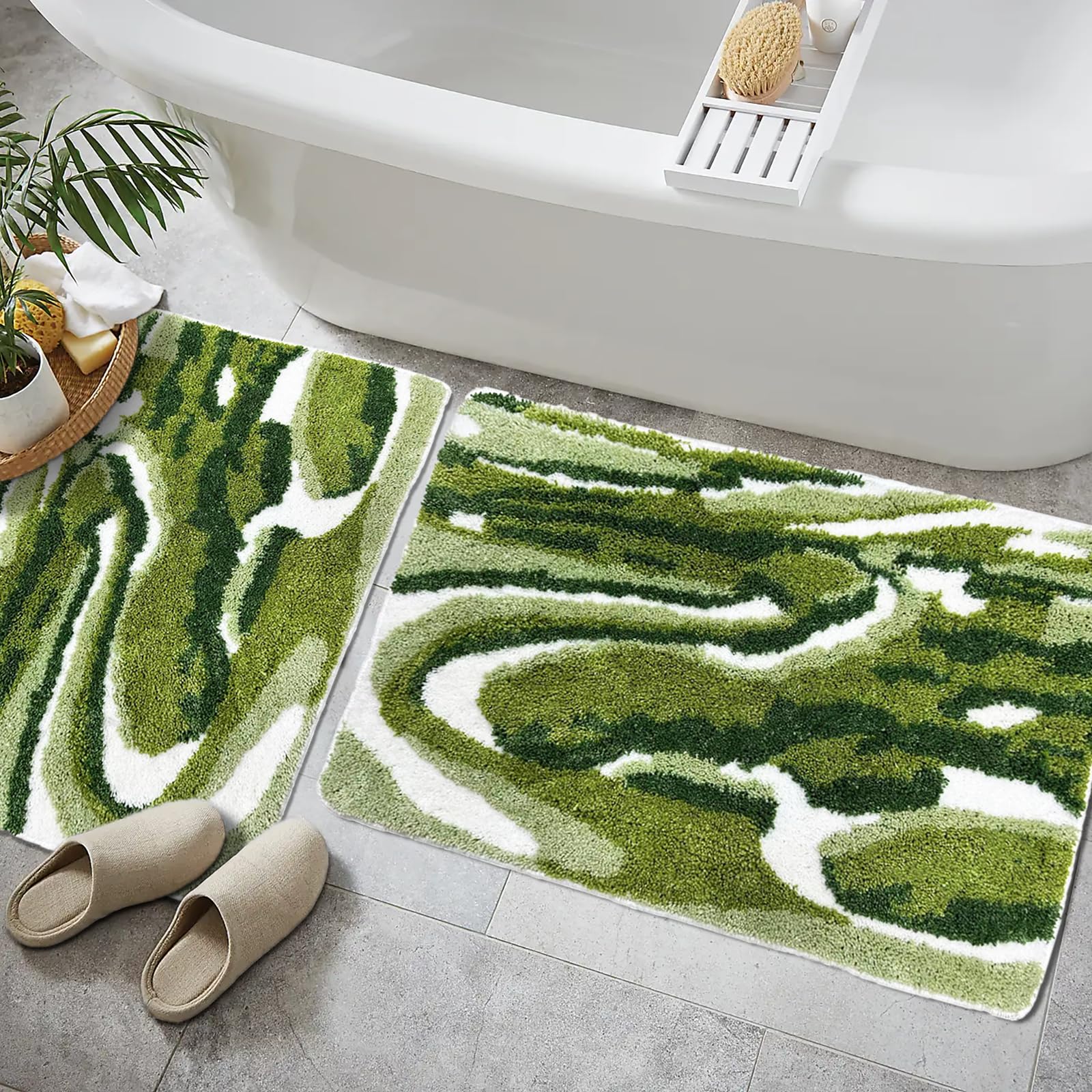 Photo 1 of Homantic Bathroom Rugs Sets 2 Piece, Green Natural Scenery Bath Mat, Absorbent Bath Mats for Floor Set of 2, Green Bathroom Rug Set Bath Rug Moss Décor 18x26 + 20x32