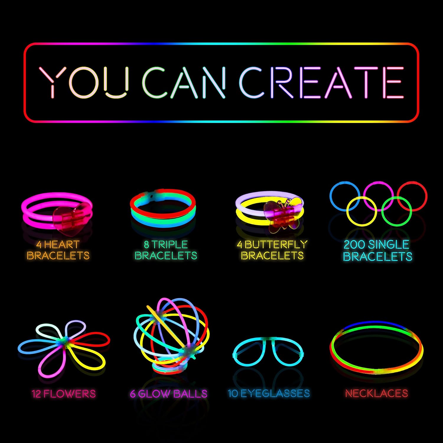 Glow Sticks Bulk Party Supplies – 458 Piece Glow in The Dark Halloween Party Favors Pack for Kids/Adults with 200 Super Bright Glowsticks and Connectors for Bracelets, Necklaces, Glasses, Flower Balls: Toys & Games